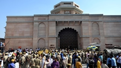 Security personnel outside Gyanvapi Masjid in Varanasi. (PTI) Security personnel outside Gyanvapi Masjid in Varanasi. (PTI)