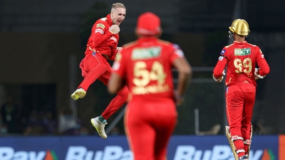 Liam Livingstone of Punjab Kings celebrates the wicket of Rovman Powell (IPL) Liam Livingstone of Punjab Kings celebrates the wicket of Rovman Powell (IPL)