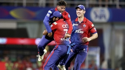 Kuldeep Yadav of Delhi Capitals celebrates with teammates, the wicket of Harpreet Brar of Punjab Kings (PTI) Kuldeep Yadav of Delhi Capitals celebrates with teammates, the wicket of Harpreet Brar of Punjab Kings (PTI)