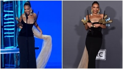 Doja completed the gilded look with gold nipple pasties from Provocateur, a spherical gold bag, bejewelled stud earrings, rings, and eccentric gold-covered shoes. She added drama to the ensemble with a high ponytail, dramatic eyeliner, and nude-palette makeup. (AP)