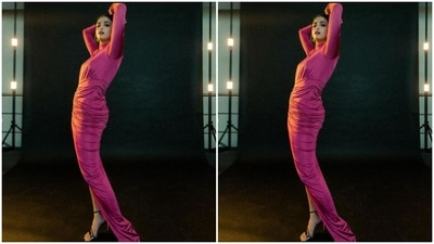 Keerthy’s gown came turtleneck, full sleeves and a gathered-up details at the waist. The gown also featured one thigh high slit. (Instagram/@keerthysureshofficial)
