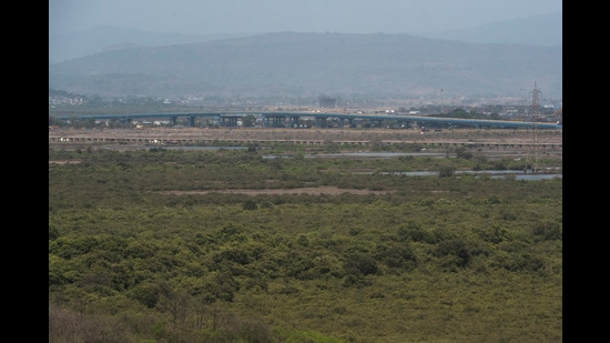 These roads are envisioned to provide better connectivity between Belapur, Kharghar and Nerul in the north and the JNPA special economic zone (SEZ) and upcoming Navi Mumbai International Airport (NMIA) in the south. (Pratik Chorge/HT Photo)