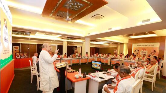 Gujarat BJP’s Twitter handle tweeted that Union home minister Amit Shah guided the state leadership at the Chintan Shivir (Twitter/BJP4Gujarat) Gujarat BJP’s Twitter handle tweeted that Union home minister Amit Shah guided the state leadership at the Chintan Shivir (Twitter/BJP4Gujarat)