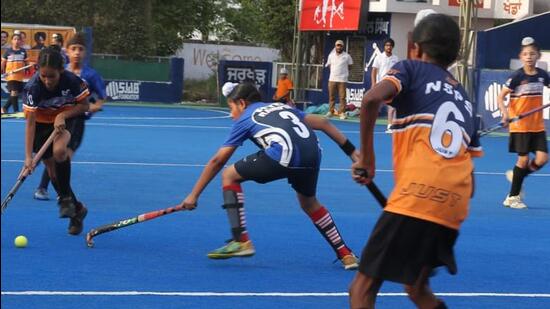 Players in action at the Olympian Prithipal Singh Hockey Festival being held in Ludhiana (HT PHOTO)