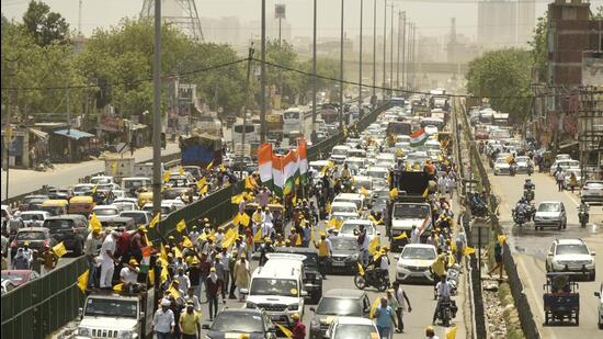 Members of the Ahir community took out a rally from Kherki Daula toll plaza to Iffco Chowk on Sunday. (Parveen Kumar/HT PHOTO)