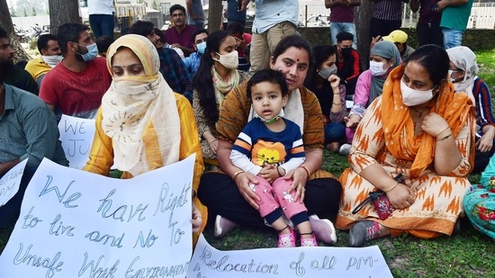 Kashmiri Pandits protest in Srinagar on Sunday. (ANI)