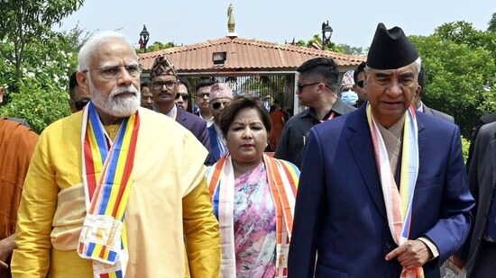 Prime Minister Narendra Modi and Nepalese Prime Minister Sher Bahadur Deuba visit the Maya Devi Temple in Lumbini on Monday.(ANI/ PIB)