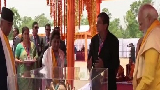 PM Modi along with Nepal PM Sher Bahadur Deuba lays foundation stone for the construction of a centre for Buddhist culture & heritage, in a plot belonging to the International Buddhist Confederation (IBC), Delhi within the Lumbini Monastic Zone.(ANI)