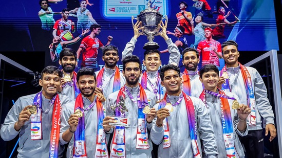Indian men's badminton team poses with the trophy after winning the Thomas Cup(BAI_Media/Twitter) Indian men's badminton team poses with the trophy after winning the Thomas Cup(BAI_Media/Twitter)