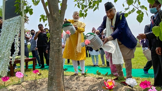 Prime Minister Narendra Modi and Nepal PM Sher Bahadur Deuba at the sacred Maya Devi Temple, Lumbini.&nbsp;(PTI)