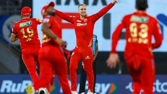 Liam Livingstone of Punjab Kings celebrates the wicket of David Warner of Delhi Capitals, during the Indian Premier League 2022 cricket match between Punjab Kings and Delhi Capitals(PTI)