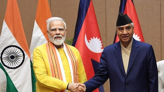 Prime Minister Narendra Modi in a Bilateral Meeting with Nepalese Prime Minister Sher Bahadur Deuba, in Lumbini on Monday.(ANI/ PIB)