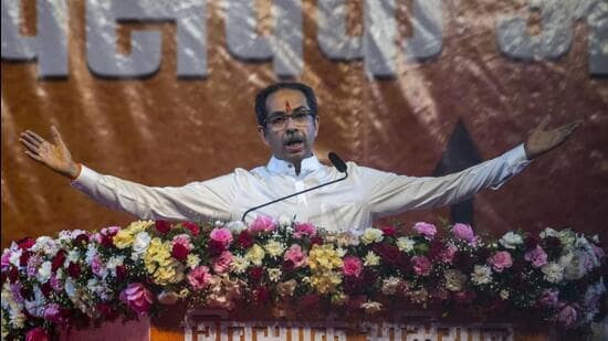 Chief minister Uddhav Thackeray addressing a rally at Bandra Kurla Complex on May 14. HT File Photo