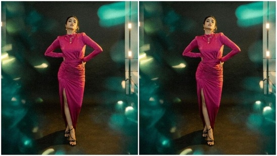 Assisted by makeup artist Niyati Kothari, Keerthy decked up in nude eyeshadow, black eyeliner, mascara-laden eyelashes, black kohl, contoured cheeks and a shade of maroon lipstick.(Instagram/@keerthysureshofficial)