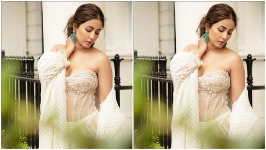 Hina played muse to fashion designer Tarun Tahiliani and picked a sheer white ensemble for the film festival.(Instagram/@realhinakhan)