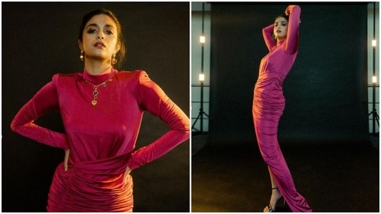 Keerthy Suresh is an absolute fashionista. The actor is currently basking in the success of her latest film Sarkari Vaaru Paata which released on May 12. Keerthy, a day back, shared a slew of pictures of herself from the promotion diaries and declared her love for the colour pink. Take a look at the pictures here.(Instagram/@keerthysureshofficial)