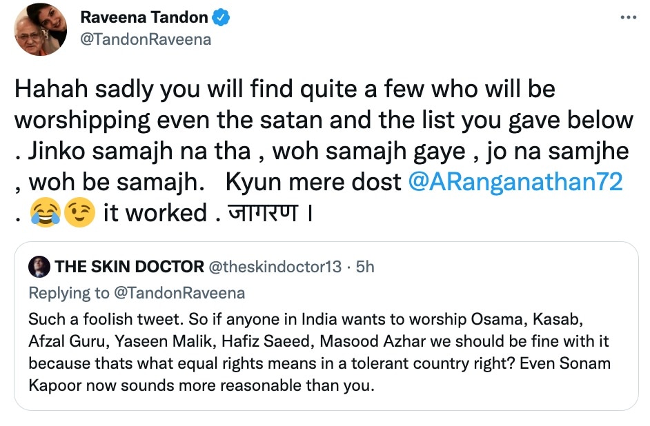 Raveena Tandon responds to troll who calls her tweet ‘foolish,’&nbsp;