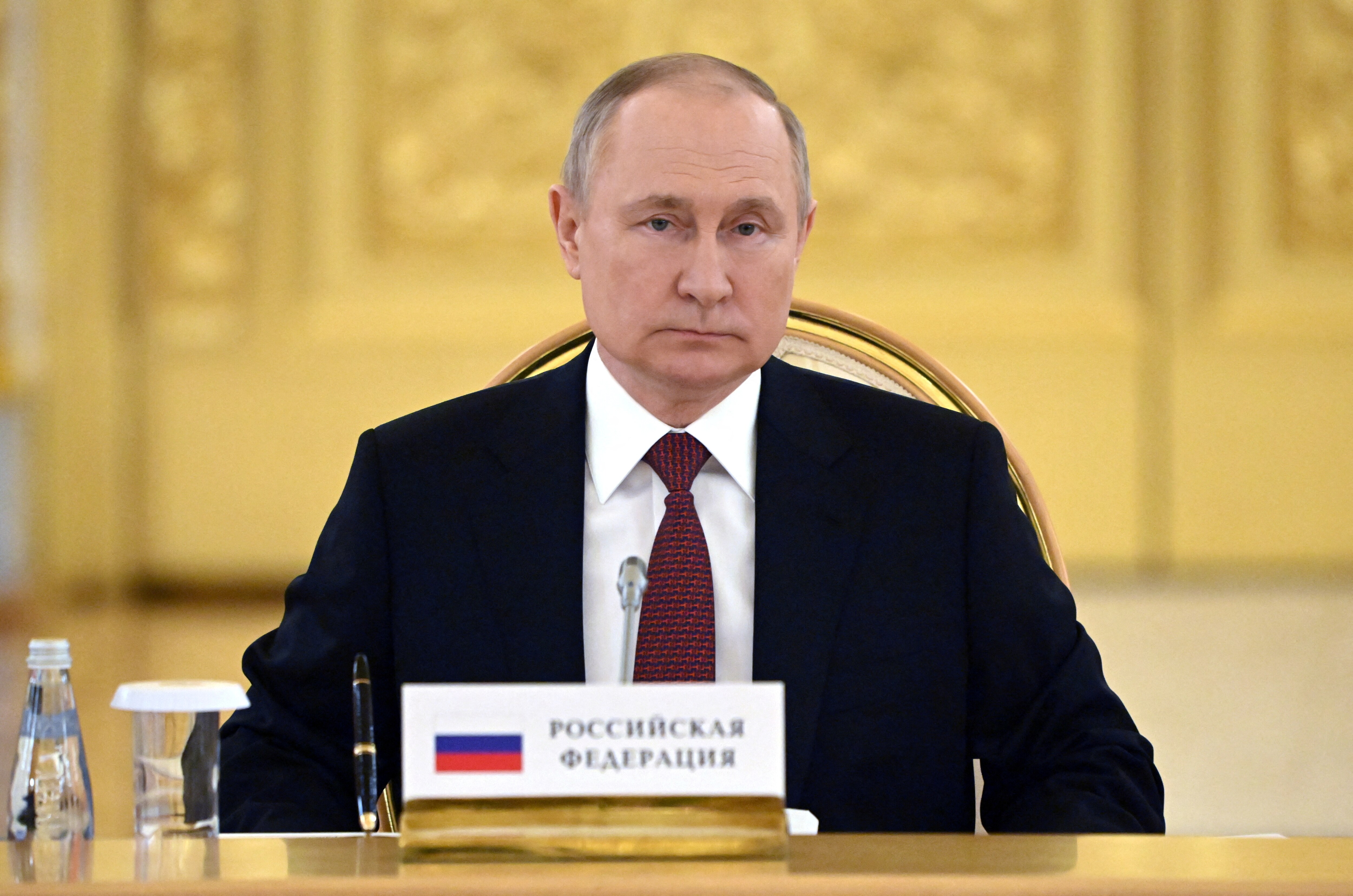 Russian President Vladimir Putin attends the Collective Security Treaty Organisation (CSTO) summit at the Kremlin in Moscow, Russia May 16, 2022. (Sputnik/Sergei Guneev/Pool via REUTERS)