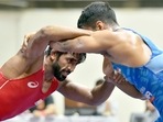 Bajrang Punia in action during selection trials for Commonwealth Games at IG Stadium on Tuesday.&nbsp;