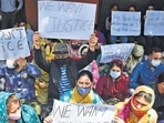 Kashmiri Pandits protest against Rahul Bhat’s killing, in Srinagar. (ANI) Kashmiri Pandits protest against Rahul Bhat’s killing, in Srinagar. (ANI)