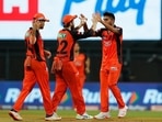 MI vs SRH IPL 2022 Live Score: Umran Malik celebrates after picking a wicket with his teamamates(IPL) MI vs SRH IPL 2022 Live Score: Umran Malik celebrates after picking a wicket with his teamamates(IPL)