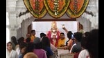 Devotees standing in a queue to worship Lord Hanuman in Lucknow on Tuesday. (HT Photo) Devotees standing in a queue to worship Lord Hanuman in Lucknow on Tuesday. (HT Photo)