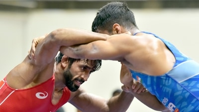 Bajrang Punia in action during selection trials for Commonwealth Games at IG Stadium on Tuesday.&nbsp; (Sanjeev Verma/HT Photo)
