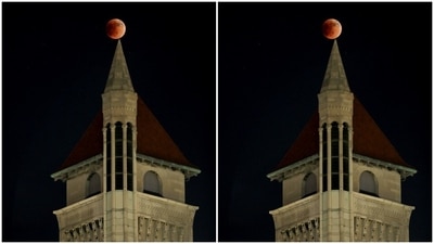 On the top of the Union Station in St. Louis, the blood moon appeared. (AP Photo)