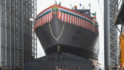 Frontline warship of Indian Navy 'Udaygiri', a Project 17A Frigate, during its launch at Mazgaon Docks Limited, in Mumbai, (PTI) Frontline warship of Indian Navy 'Udaygiri', a Project 17A Frigate, during its launch at Mazgaon Docks Limited, in Mumbai, (PTI)