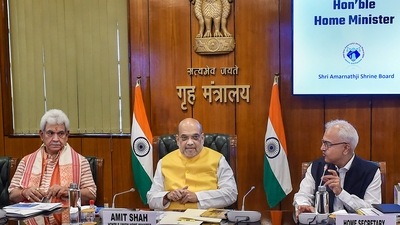 Union Home Minister Amit Shah with J & K Lieutenant Governor Manoj Sinha and Home Secretary Ajay Kumar Bhalla at a meeting on security preparedness for 'Amarnath Yatra', in New Delhi. (PTI) Union Home Minister Amit Shah with J & K Lieutenant Governor Manoj Sinha and Home Secretary Ajay Kumar Bhalla at a meeting on security preparedness for 'Amarnath Yatra', in New Delhi. (PTI)