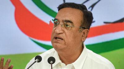 Congress leader Ajay Maken addresses a press conference at AICC office in New Delhi on Tuesday. (PTI PHOTO.)