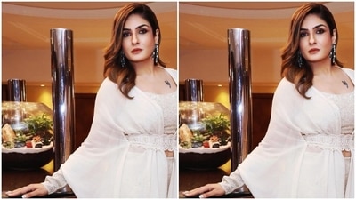 Raveena played muse to fashion designer house Couture by Niharika and picked an outfit blending sass and class. (Instagram/@officialraveenatandon)