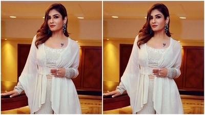 Raveena further accessorised her look for the day in white and blue danglers from the house of Mahesh Notandass FineJewellery. (Instagram/@officialraveenatandon)