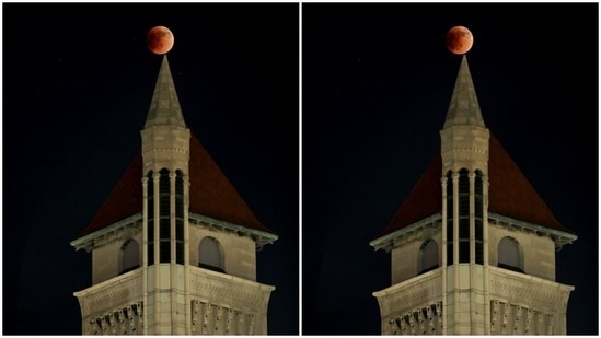 On the top of the Union Station in St. Louis, the blood moon appeared.(AP Photo)