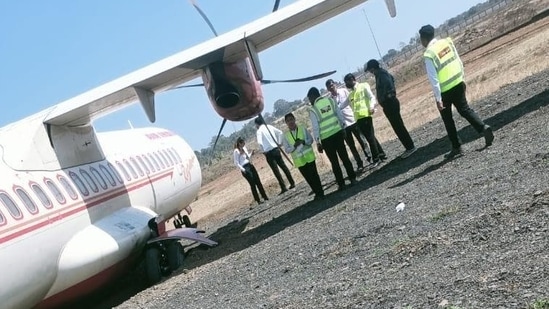 The Alliance Air plane skid off the runway when it suffered a tyre burst while landing at the Dumna Airport in Jabalpur. (SOURCED.)