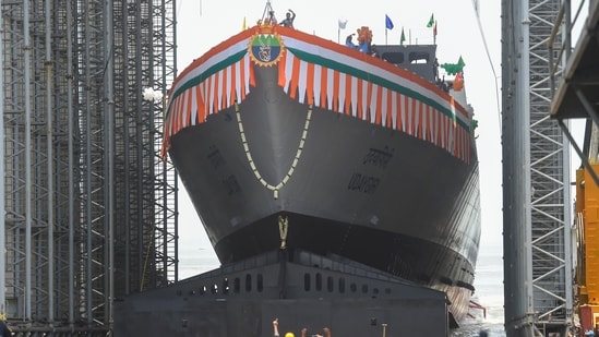 Frontline warship of Indian Navy 'Udaygiri', a Project 17A Frigate, during its launch at Mazgaon Docks Limited, in Mumbai,&nbsp;(PTI)