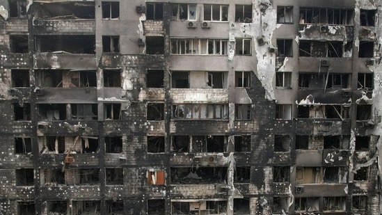 A view shows a residential building burnt during Ukraine-Russia conflict in the southern port city of Mariupol on Sunday.
