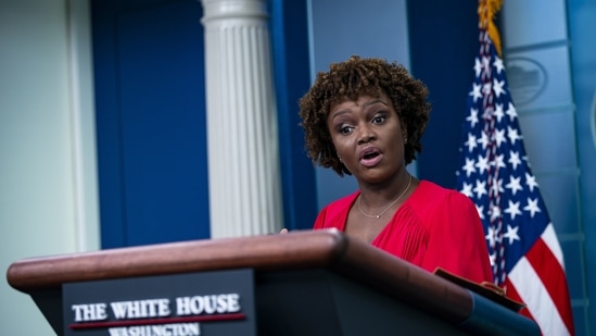 Karine Jean-Pierre, White House press secretary, speaks during a news conference in the James S. Brady Press Briefing Room at the White House in Washington, D.C.(Bloomberg)