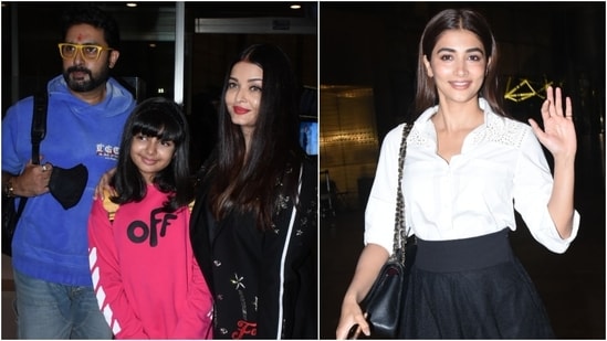 Aishwarya Rai Bachchan with her husband, Abhishek Bachchan, and their daughter Aaradhya left for Cannes Film Festival that kickstarts today. Actor Pooja Hegde also left for Cannes last night. While Aishwarya is a veteran at the prestigious annual event, Pooja will be making her debut on the red carpet this year.(HT Photo/Varinder Chawla)
