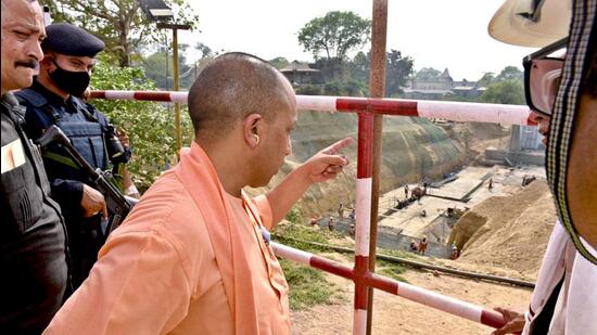 Uttar Pradesh chief minister Yogi Aditynath during inspection of Ram temple construction site, in Ayodhya. (ANI file)
