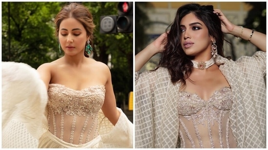 Hina Khan's ivory corset and draped skirt for UK Asian Film Festival 2022 costs <span class='webrupee'>?</span>1 lakh, Bhumi Pednekar wore it too(Instagram)