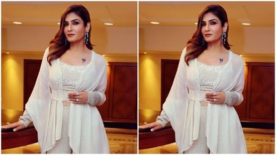 Raveena further accessorised her look for the day in white and blue danglers from the house of Mahesh Notandass FineJewellery.(Instagram/@officialraveenatandon)