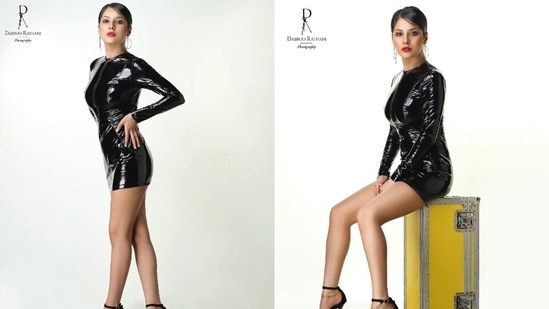 Shehnaaz's black ensemble is from the shelves of designer Rocky Star's eponymous label. It comes in an all-black shade and is made with PVC fabric. The front zip closure, long sleeves, bodycon silhouette accentuating Shehnaaz's enviable frame, mini hem length, and structured lining completed the design details of the dress.(Instagram/@shehnaazgill)