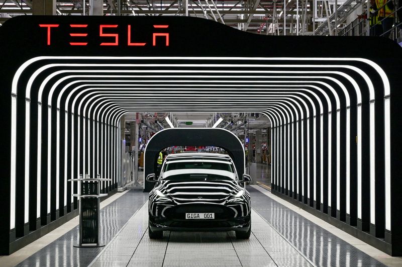 Model Y cars are pictured during the opening ceremony of the new Tesla Gigafactory for electric cars in Gruenheide, Germany. (File photo via REUTERS)
