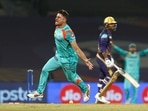 Marcus Stoinis of Lucknow Super Giants celebrates winning the IPL 2022 match against Kolkata Knight Riders.(IPL)