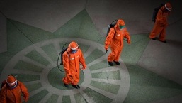 Railway station staff disinfecting Pyongyang station premises as a prevention measure against the Covid-19 coronavirus. Railway station staff disinfecting Pyongyang station premises as a prevention measure against the Covid-19 coronavirus.