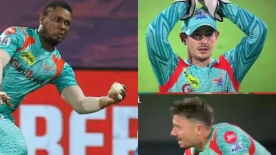 Evin Lewis' breathtaking catch to dismiss Rinku Singh leaves Quinton de Kock and Marcus Stoinis shocked (Screengrab) Evin Lewis' breathtaking catch to dismiss Rinku Singh leaves Quinton de Kock and Marcus Stoinis shocked (Screengrab)