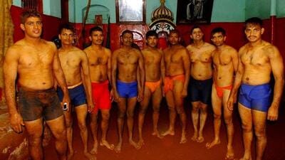 Wrestlers of Garade talim at Budhwar peth during practice. (HT PHOTO)