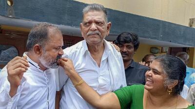 Perarivalan offered sweets to his mother, Arputhammal, and played the ‘Parai’, an ancient Tamil percussion instrument, celebrating his freedom. (PTI) Perarivalan offered sweets to his mother, Arputhammal, and played the ‘Parai’, an ancient Tamil percussion instrument, celebrating his freedom. (PTI)