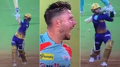 Rinku Singh began the 20th over in style before Marcus Stoinis pulled things back.&nbsp; (Screengrab)